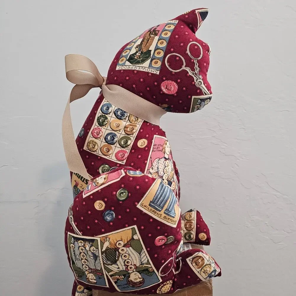 Vintage Handmade Cat Plush Red Patchwork Shelf Sitter Sewing Cottage Kitty Cats